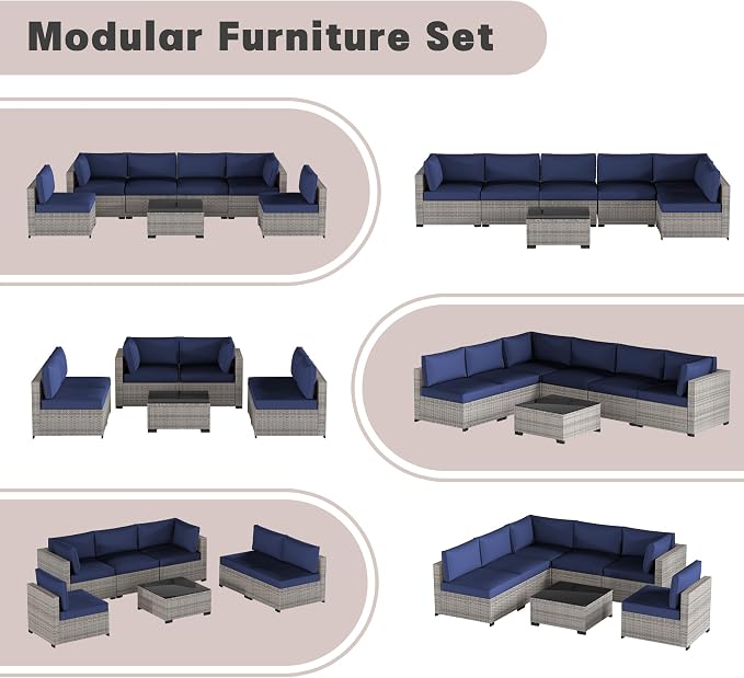 Patio Furniture Set 7 Pieces Conversation Set Wicker Outdoor Sectional Sofa,Ergonomic Armrests Couch with Cushion and Glass Table (Grey White-Navy, 7 Piece-Single)