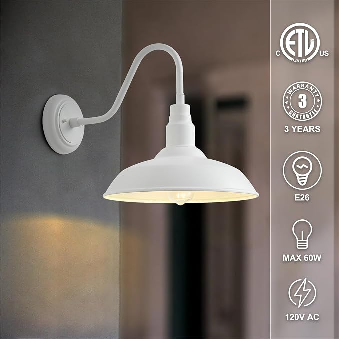 10" Outdoor Barn Lights for Farmhouse, Gooseneck Outdoor Light in Matte White, Farm Exterior Lighting Fixtures with Wall Mount, 2-Pack Outside Wall Sconce for Porch, Garage, Front Door