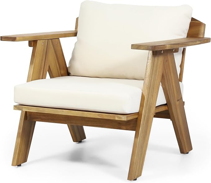 Christopher Knight Home Dina 4-Piece Patio Furniture Set, Acacia Wood Outdoor Conversation Set with Coffee Table, Outdoor 3-Seater Sofa and Club Chairs Set with Cushions for Backyard, Teak+Beige