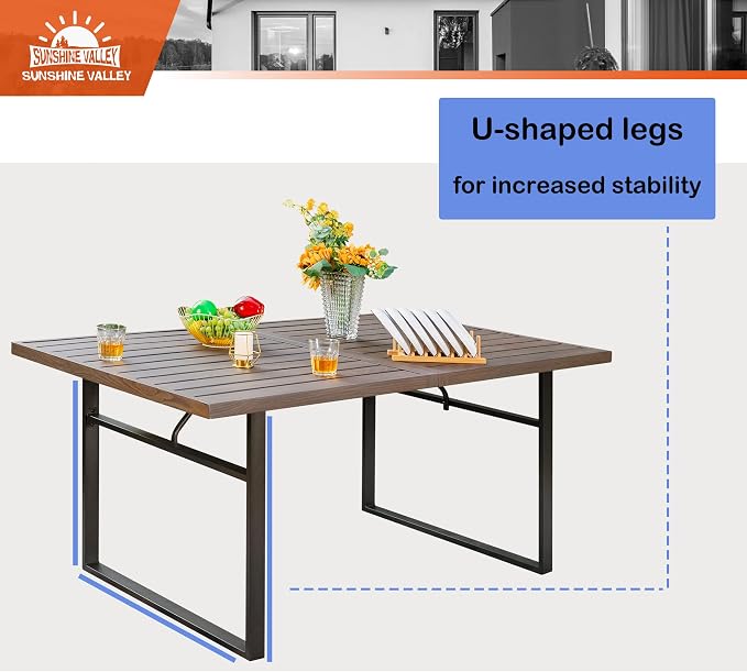 SUNSHINE VALLEY Patio Dining Set,Wood-Like Metal Table w/Umbrella Hole | 60x36 Metal Table&6 Pcs Rust-Proof Stackable Chairs, Outdoor Table and Chairs Set for Backyard Garden Deck