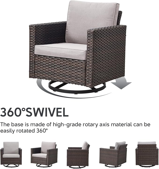 6 Piece Wicker Patio Furniture Set - Outdoor Swivel Rocker Chairs Set with Coffee Table, 3 Seat Sofa & Ottomans, Small Patio Conversation Sets Proch Furniture for Balcony Deck - Brown/Beige