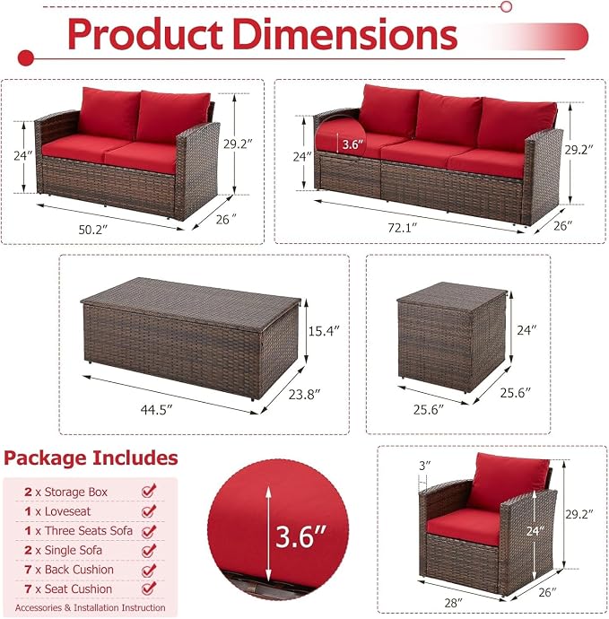 7 PCS Outdoor Patio Furniture Set with Storage Boxes & Cover, Rattan All-Weather PE Wicker Sectional Sofa Conversation Set for Backyard Garden Deck, Cushions Included
