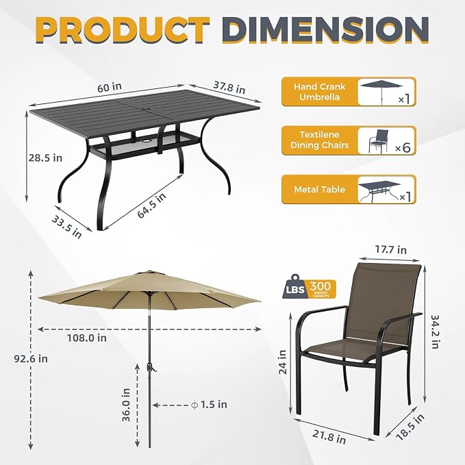 7-Piece Patio Dining Set with Umbrella,6 Person Outdoor Table and Chairs Set, 6 Metal Dining Chairs and Rectangular Outdoor Table with 1.57" Umbrella Hole,Khaki