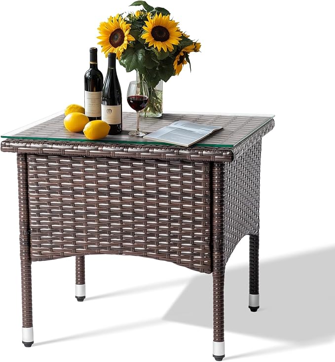 VINGLI Outdoor Wicker Side Table Patio Side Tables for Outside, Tempered Glass Top Wicker Table End Table for Balcony Porch Deck, Brown