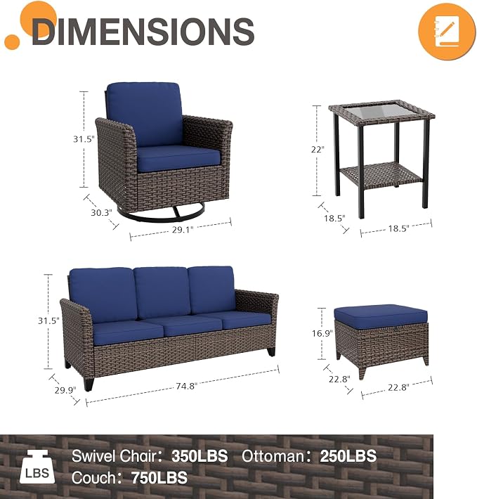 COOS BAY Harbor Retreat 8 Piece Outdoor Furniture Set, Patio Conversation Set with 4 Swivel Rocking Chairs, 3 Seat Couch, Side Table & Ottomans, Wicker Furniture, Brown/Blue