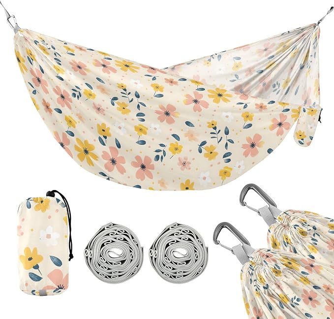 Camping Hammock Outdoor Hammocks for Outside Flower Creamcolor Beach Trees Portable Lightweight with Pockets Tree Straps Indoor Small