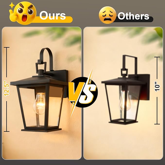 Outdoor Light Fixtures Wall Mount, Waterproof Exterior Wall Lanterns with Glass, Matte Black, Outside Wall Sconces, Front Porch Lighting for House Garage Doorway Patio 12.5 in