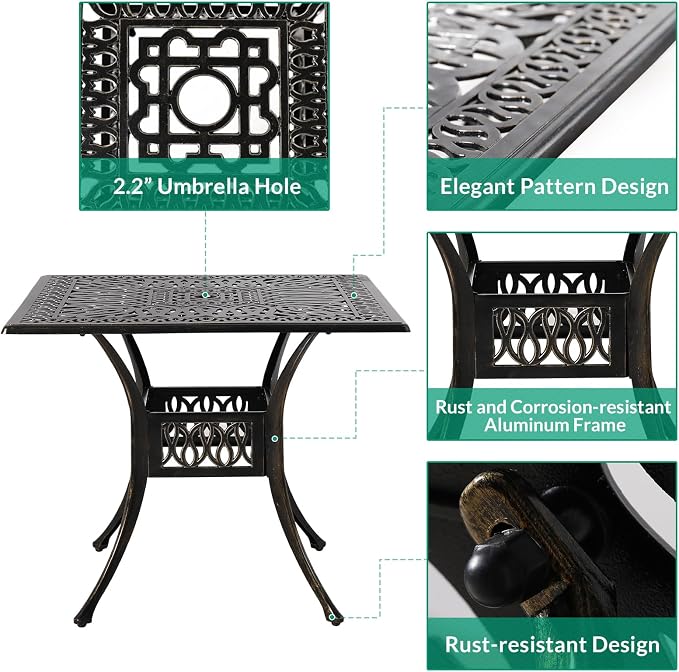 VIVIJASON 5-Piece Outdoor Patio Dining Set, All-Weather Cast Aluminum Conversation Set, Patio Furniture Set Include 4 Swivel Cushioned Chairs, 1 Square Table w/Umbrella Hole, Navy Blue Cushion