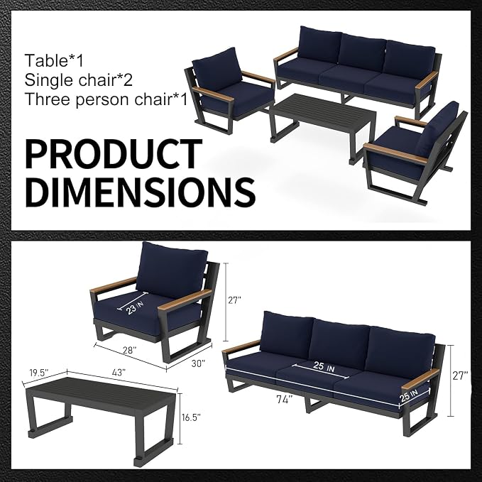 Aug-guan Aluminum Outdoor Sofa,5 Seats Modern Patio Furniture Set,Sectional Sofa Conversation Set with Coffee Table, Upgraded Washable Cushions for Garden Backyard,Blue