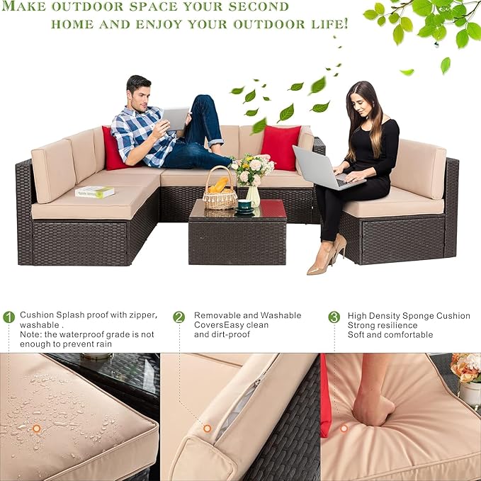 Vongrasig 8 Piece Patio Furniture Set with Propane Fire Pit, Outdoor Conversation Sets Wicker Sectional Sofa with Coffee Table, 43” Gas Gas Firepit Table 50,000 BTU for Outside, Patio, Beige
