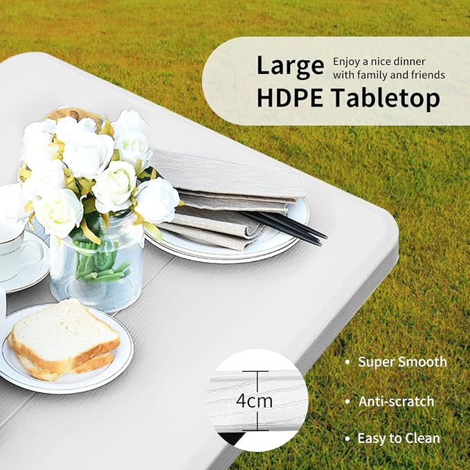 ORALNER Picnic Table, Resin Dining Table & 2 Benches Set, Weather Resistant Wood Grain Plastic Tabletop & Steel Frame, Picnic Tables for Outdoors, Porch Yard Patio Lawn Party Camping (White)