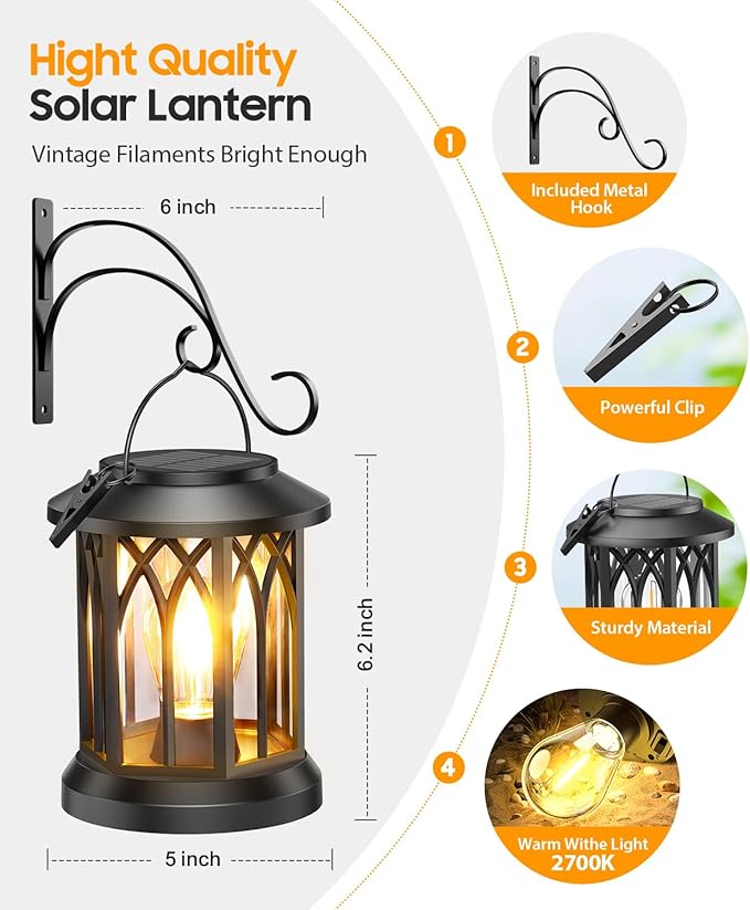 Solar Lanterns Outdoor Waterproof, Upgraded Hanging Solar Lights | Bright LED Lighting, Metal Wall Mount Kit, IP65 Waterproof, Over 12Hrs Glow for Fence, Yard, Patio, Garden Decor, Warm White
