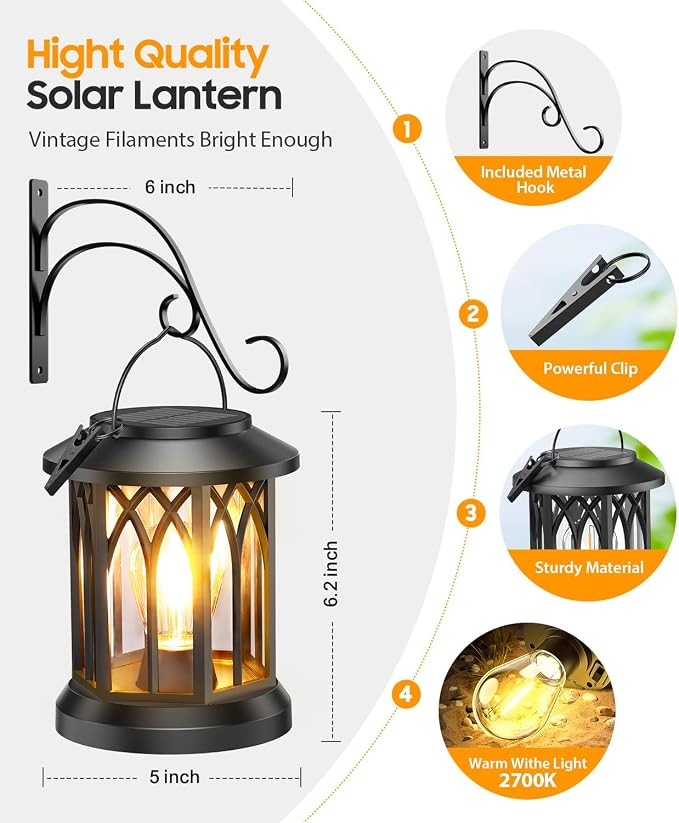 Solar Lanterns Outdoor Waterproof 4 Pack, Upgraded Solar Lantern Outdoor Lights with Wall Mount Kit, Hanging Solar Lights for Outside Decorative Patio Yard Path Porch Garden Decor