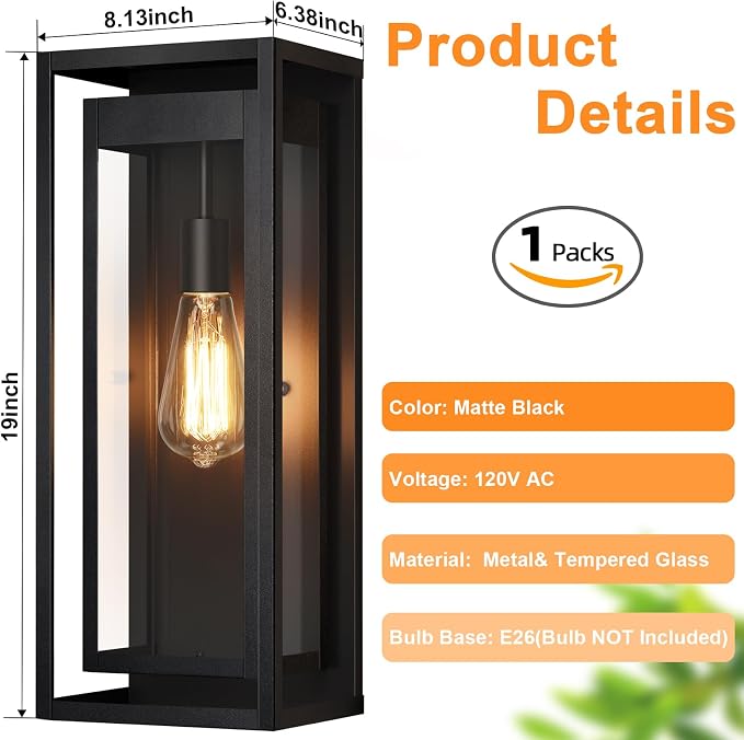 19" Outdoor Wall Lights, Large Size Matte Black Outdoor Sconce Lights with Clear Glass Shade, Waterproof Porch Lighting Exterior Light Fixture for Front Door, Garage, 1 Pack