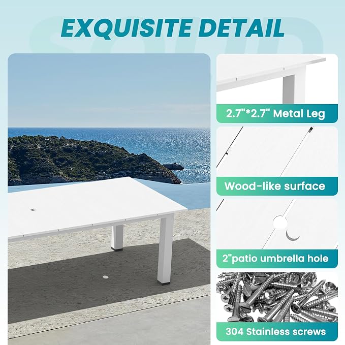 LOUNZY 75.2" HDPE Rectangle Outdoor Dining Table for 8, Oversized Patio Dining Table w/ 2" Umbrella Hole,White