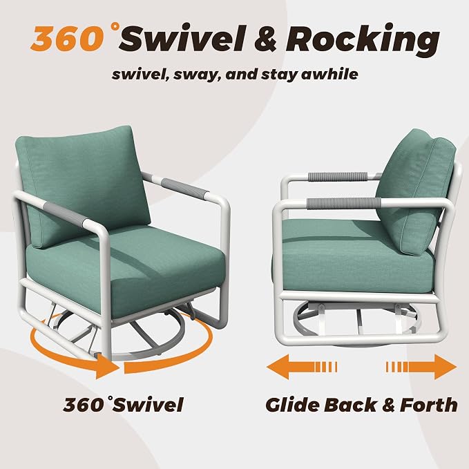 5-Pieces Round Aluminum Patio Furniture Set, Outdoor Swivel Rocking Chairs with 6.5" Thick Cushions & 2 Ottomans, All-Weather Rust-Resistant Frame Conversation Set for Porch, Garden, Backyard, White