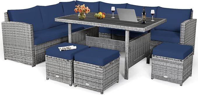 HAPPYGRILL 7 Pieces Rattan Wicker Patio Conversation Set, Outdoor Patio Furniture Set with Cushions, Rattan Sofa Set with Dining Table & Ottomans for Poolside Backyard Balcony Garden (Navy)