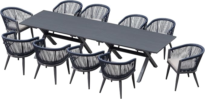 PURPLE LEAF Outdoor Dining Set for 10 All-Weather 12 Pieces Patio Aluminium Dining Large Table and Rope Weave Chairs Included Cushions for Backyard Indoor Modern Patio Furniture Set Gray and Navy