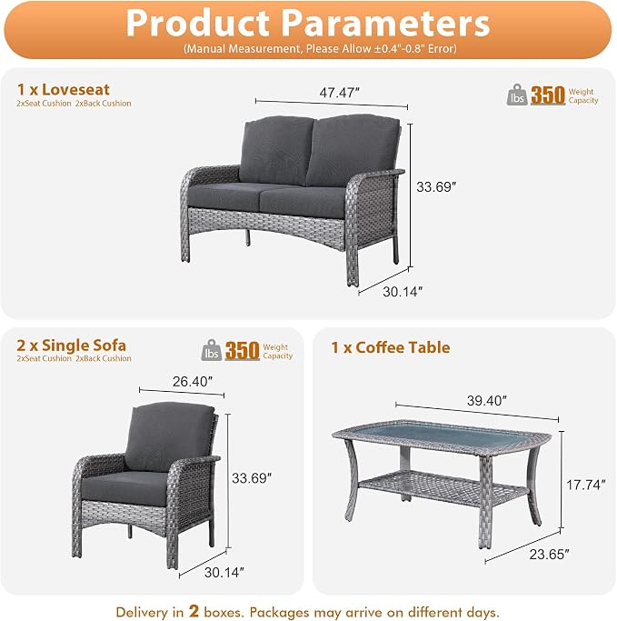 4 PCS Outdoor Patio Furniture Set with Glass Table, All-Weather Rattan Wicker Outdoor Conversation Set with Thickened Cushions for Balcony Backyard Garden Lawn,Black