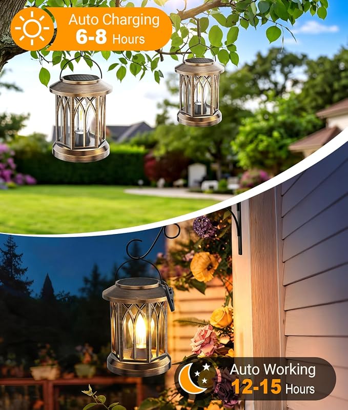 Solar Lantern Outdoor Lights with Wall Mount Kit, 4 Pack Upgraded Solar Lanterns Outdoor Waterproof, Hanging Solar Lights for Outside Decorative Yard Patio Path Porch Garden(Antique Copper)