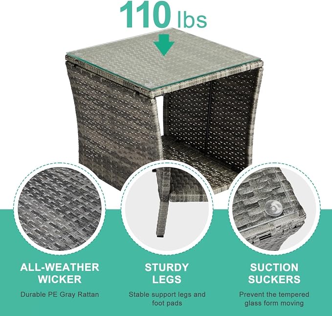 HOMSUPPLIE'S Outdoor Rattan Side Table with Storage, Square Patio Coffee Table w/Tempered Glass Top, Wicker End Table for Porch, Balcony, Poolside & Backyard(Grey,Tempered Glass sty.3)