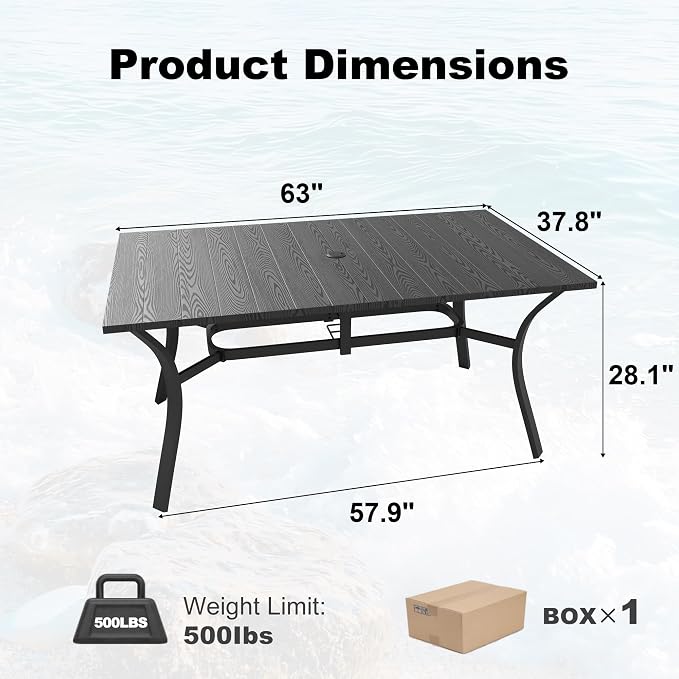 63'' Outdoor Dining Table for 6, Black Metal Patio Dining Table with 1.97'' Umbrella Hole,Anti-Rust Waterproof Square Table for Porch Deck Poolside Garden Backyard