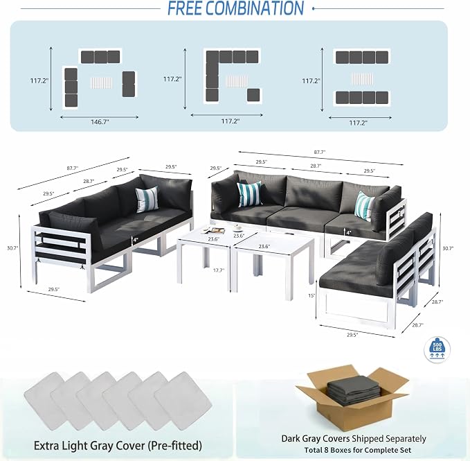 NICESOUL 10 Piece Oversized Modular Aluminum Outdoor Furniture Set with Coffee Table, 29" Deep Wide Sectional Seating, 500 lbs High Weight Capacity Patio Conversation Set for Garden Deck, Dark Gray