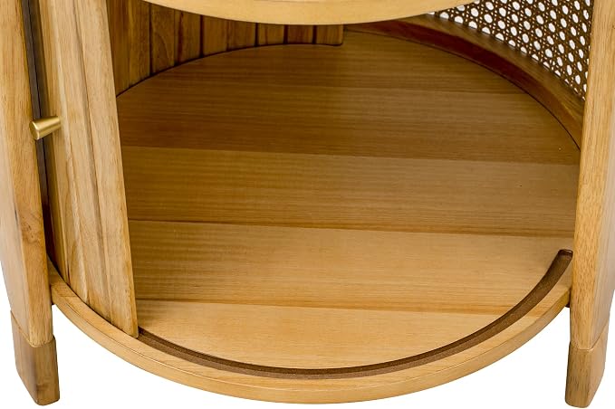 Merax Small Round Rotating Coffee Table with Hidden Storage, 19.8 Inch Modern Indoor/Outdoor Natural Rattan Coffee Table with Wood Fluted Sliding Door, for Patio Garden Balcony or Living Room