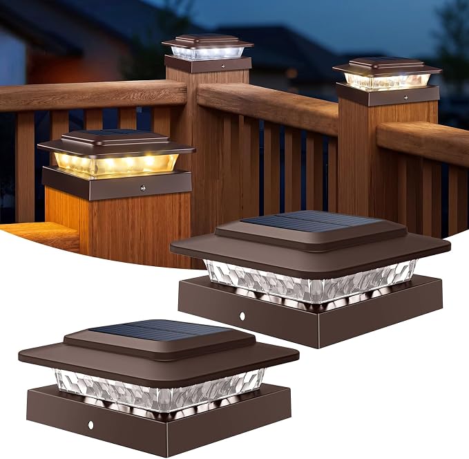 kolpop 4x4 Solar Post Cap Lights Outdoor 2Pack- 3 Color Temperatures&2 Level Brightness, IP65 Waterproof, 16 LED Fence Deck Post Light Solar Powered Only for 4×4/3.5×3.5 Wood/Vinyl Posts(Brown)