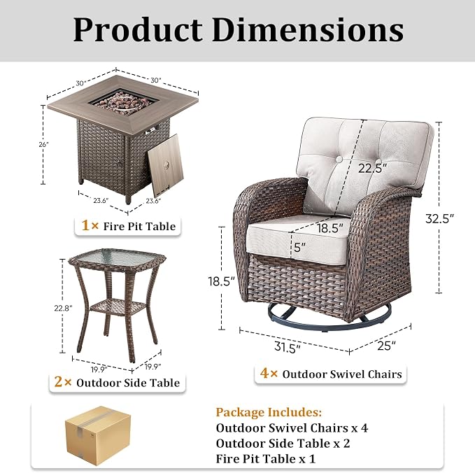 Patio Furniture Sets, 7 PCS Wicker Outdoor Furniture with Fire Pit Table - Patio Swivel Rocking Chairs and Rattan Side Table for Garden, Porch, Backyard, Beige/Brown Wicker