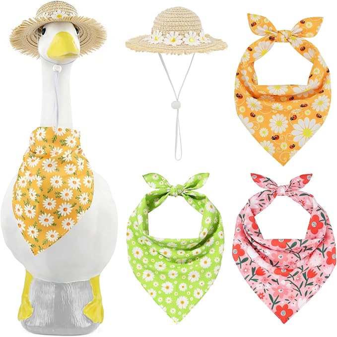 Mason Life Porch Goose Outfits, 5PCS Daisy Flower Accessories | 1 Yellow Floral Hat & 4 Bib for 23" Lawn Goose Statue Outdoor Garden Yard Spring Summer Decor