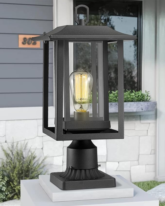 Beionxii Outdoor Post Lights, Large Exterior Lamp Post Light Fixture with Pier Mount Base, Black Cast Aluminum w/Clear Glass (19" x 9") - A197P-2PK (NOT Solar, 110-120V AC)