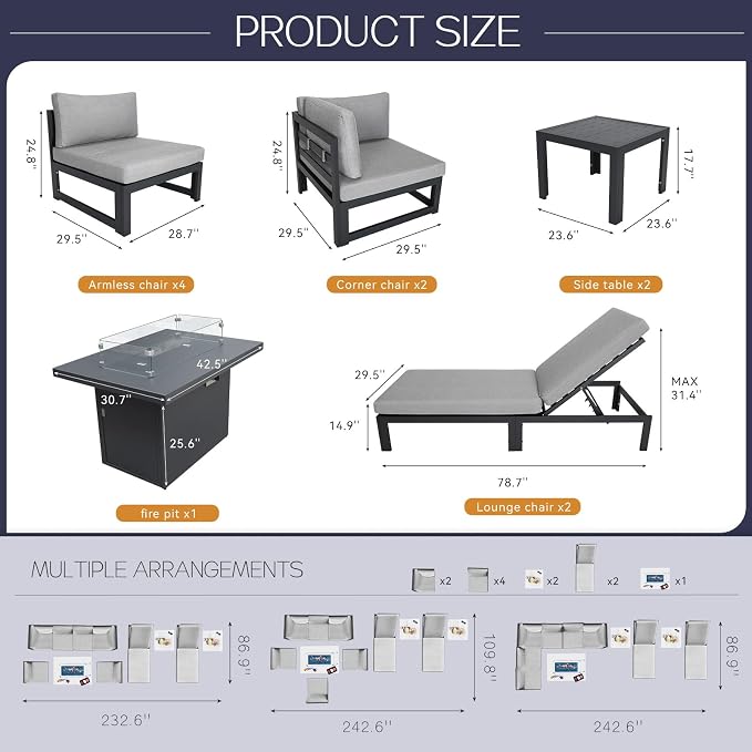 BULEXYARD 11 Pcs Modern Aluminum Patio Furniture Set, 500 lbs Heavy Duty Outdoor Sectional Sofa with Lounge & Fire Pit Table, 29" Deep Wide Seated, Comfy Large Conversation Couch for Pool, Light Gray