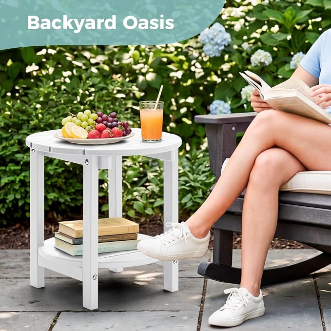 Outdoor Side Table, Adirondack Round 2-Tier Patio Table, Easy Maintenance & Weather Resistant, HDPE End Table for Backyard, Pool, Patio, Porch, White