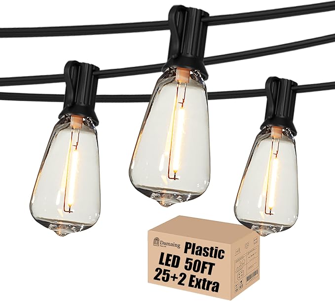 Outdoor String Lights Waterproof 50FT Patio Lighting for Outside Patio Yard | 50FT Connectable Outdoor Lights, 27 Plastic Dimmable Edison Bulbs for Backyard Bistro Porch Garden Gazebo Balcony Deck Cafe