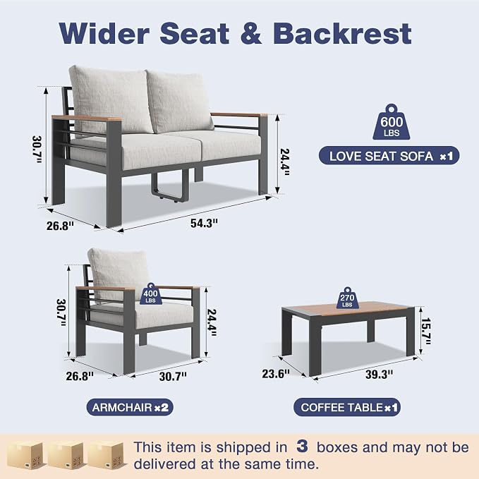 Aoxun Aluminum Patio Furniture Set with Umbrella 4 Seats, Oversized Outdoor Sectional with Washable Thick Cushions, Coffee Table, Patio Conversation Sets for Porch, Balcony, Deck