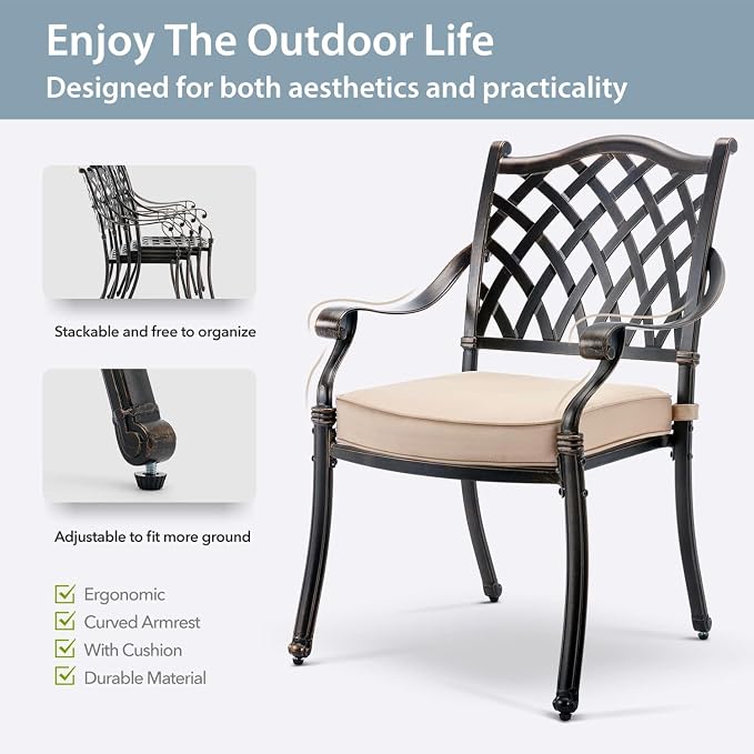 7-Pcs Cast Aluminum Patio Dining Set,59" Rectangular Table,Bronze | Outdoor Furniture Set Include Dining Table, 4 Stackable Chairs & 2 Swivel Chairs with Cushions & Umbrella Hole