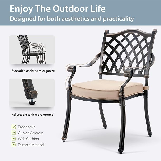 5-Pcs Cast Aluminum Patio Dining Set for 4, 54" Round Table,Bronze | Outdoor Furniture Set Include Dining Table and 4 Stackable Chairs with Cushions & Umbrella Hole