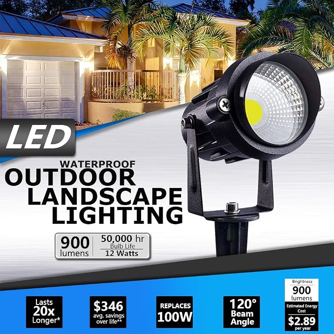 SUNVIE Outdoor Landscape LED Lighting 12W Waterproof Graden Lights COB Led Spotlights with Spiked Stand for Lawn Decorative Lamp US 3- Plug 6500K Daylight White (2 Packs)