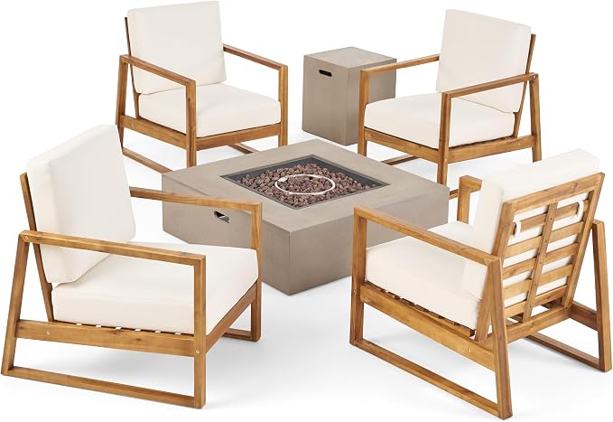 Christopher Knight Home Belgian Patio Furniture Set with Fire Pit Table and Tank Holder, Outdoor Conversation Set with Fire Table, Acacia Wood Lounge Chair Outdoor Set of 4, Teak+Cream+Light Grey