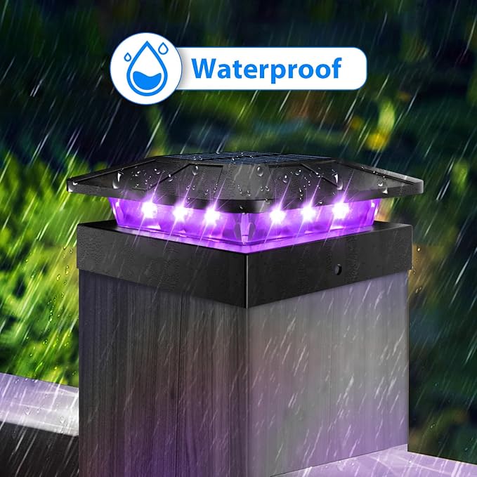 4x4 Solar Post Lights Outdoor, 4 Packs Purple & Warm White LED Fence Caps Light Waterproof, Wood & Vinyl Post Top Lighting for Deck Mailbox Railing Porch Outside