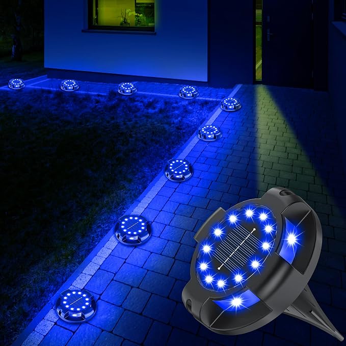 Solar Ground Lights 12 Pack, 4.3" Bright Blue 16 LEDs Solar Pathway Lights | Solar Deck Light with Uplights and Sidelights, Outdoor Waterproof for Yard Walkway Garden Poolside Driveway Decoration