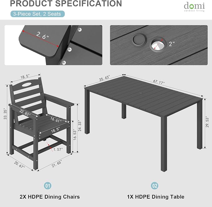 Domi HDPE Outdoor Dining Set, All-Weather 3 Piece Outdoor Dining Table Set with 2" Umbrella Hole, Outdoor Patio Dining Set for Garden, Poolside, Backyard, Deck, Grey