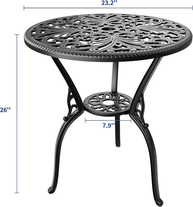 IDEALHOUSE Patio 23''Cast Aluminum Side Table with Umbrella Hole,Outdoor Small Coffee Tables,Anti-Rust Bistro Table,Round End Table,Outdoor Furniture for Indoor,Patio,Garden,Porch,Balcony(Retro Black)