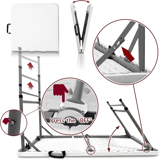 4FT Folding Table Height Adjustable Fold in Half Portable Utility Table with Handle, Lightweight Plastic HDPE Folding Table for Indoor Outdoor Picnic, Party, Camping Use (White)