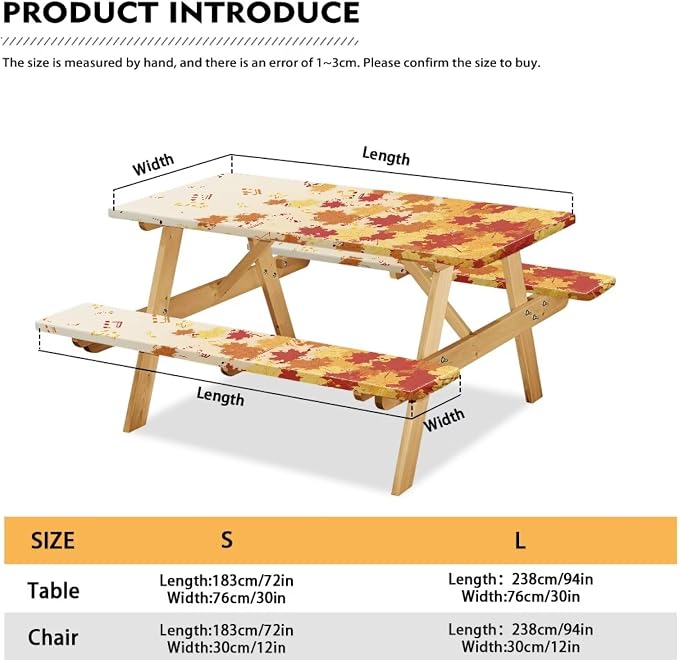 Maple Leaf Picnic Table Cover with Bench Covers Autumn Outdoor Camping Tablecloth Water and Oil Repellent Elastic Waterproof Picnic Table Cover 3 Piece Set for 6 Foot Tables