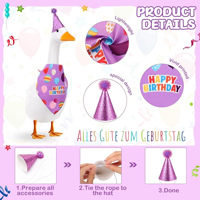 Happy Birthday Goose Outfit with Glitter Hat and Bandana,Purple | for 23" 17" Cement Plastic Porch Goose, Outdoor Statue Patio Yard Lawn Art