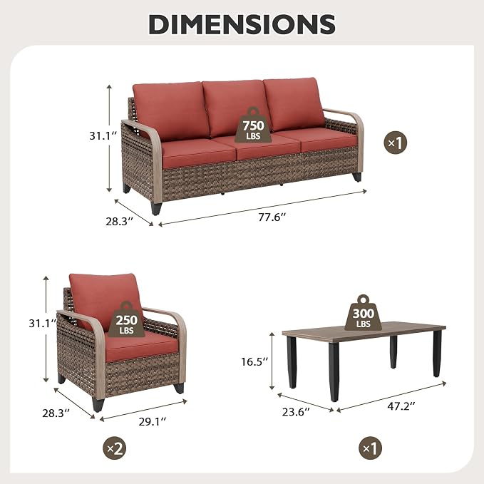 EAGLE PEAK Modern Wicker Outdoor Patio Furniture Set, Patio Conversation Set, 2 Chairs, 3-Seat Loveseat and Coffee Table, 4 Pieces, Brown/Red