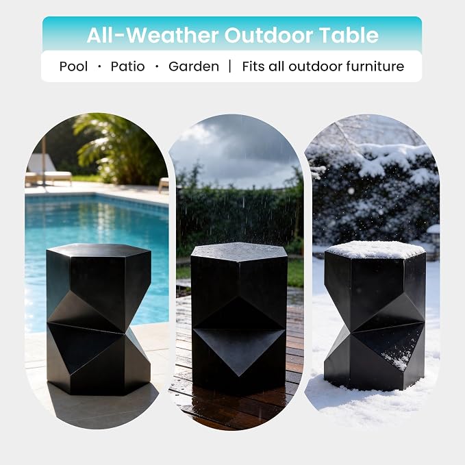 COSIEST MgO Concrete Side Table, 18 Inch Hexagonal Geometric Outdoor End Accent Table, All-Weather Patio Garden Stool, Modern Plant Stand & Coffee Table for Balcony Backyard, Black, 1 Pack