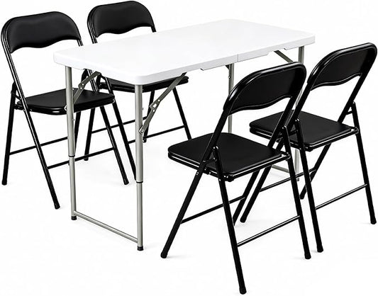 Elevon Folding Table Set with 4 Black Folding Chairs,4 Feet Heavy Duty Fold-in-Half Utility Table Sets for Picnic, Event, Training, Outdoor Activities, at Home and Commercial Use